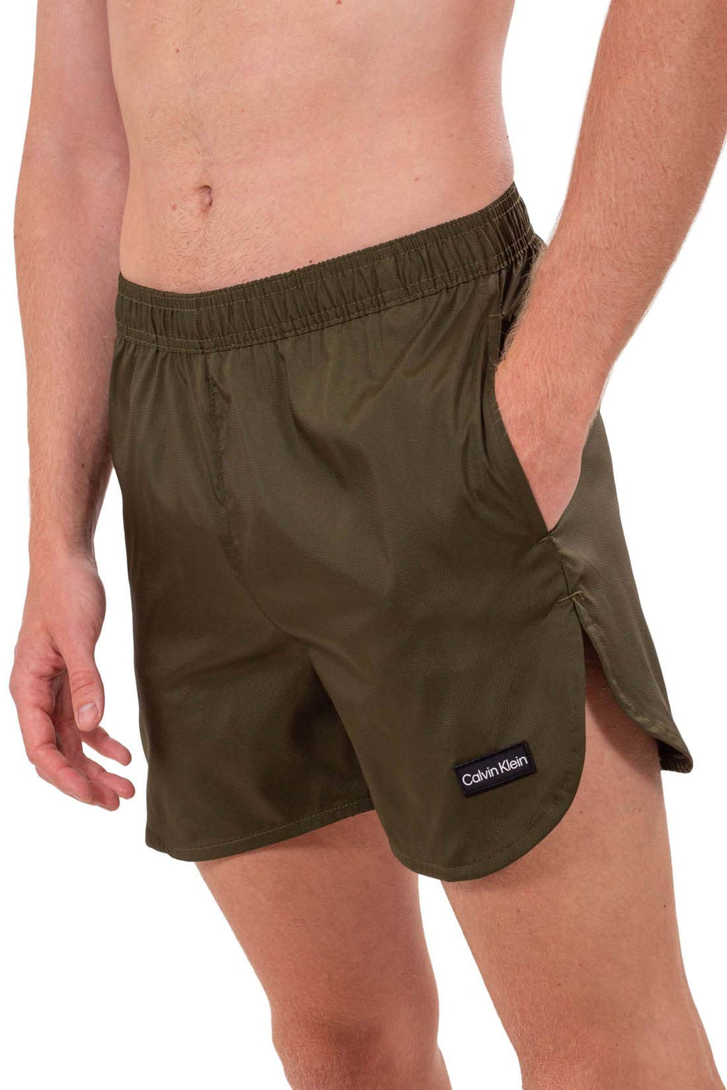 Calvin Klein men's olive green ripstop nylon swim shorts with side vents and drawstring waist — view 17