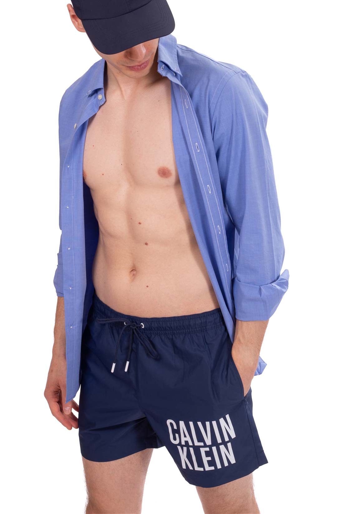 Navy blue men's swim shorts with bold printed logo, elasticated drawstring waistband, and regular fit. — view 4