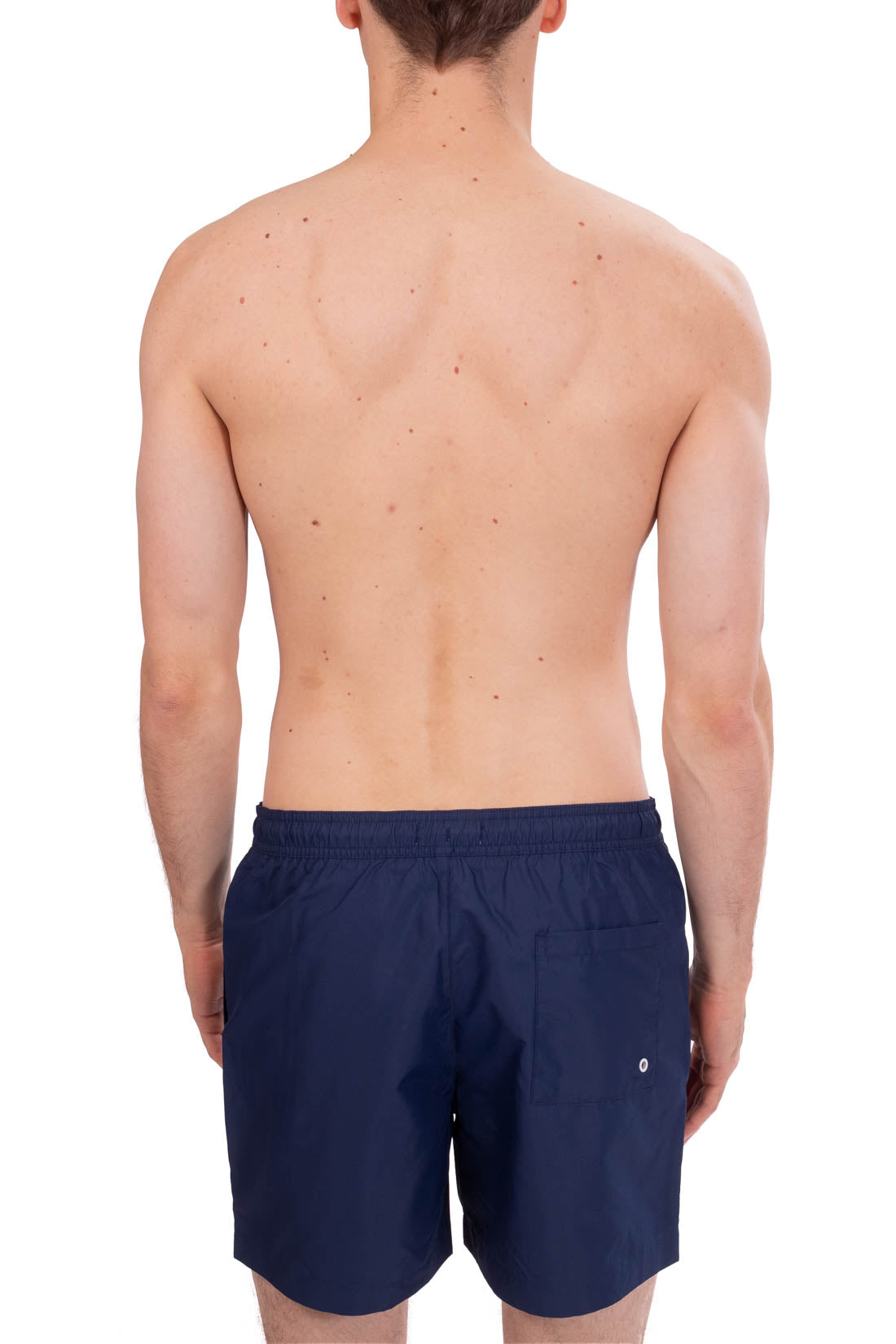 Navy blue men's swim shorts with bold printed logo, elasticated drawstring waistband, and regular fit. — view 3