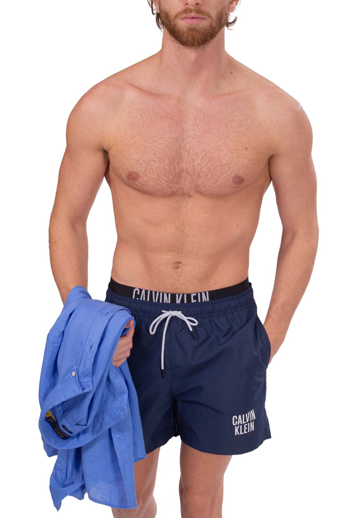 Men's red swim shorts with contrast logo waistband, drawstring, and front pockets. — view 4