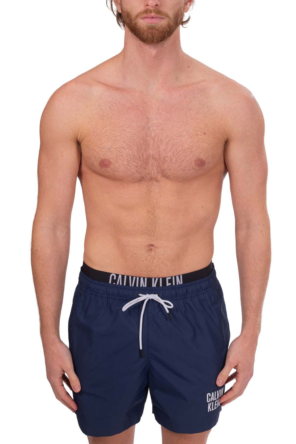 Men's red swim shorts with contrast logo waistband, drawstring, and front pockets. — view 2