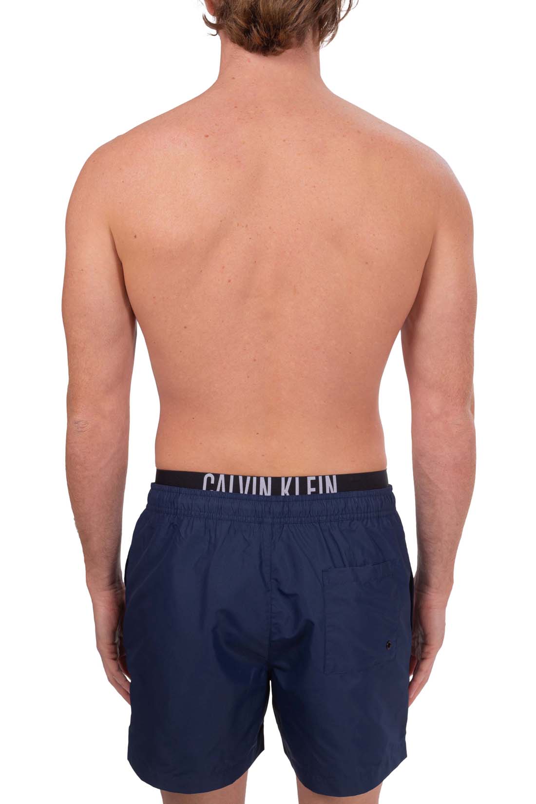 Men's red swim shorts with contrast logo waistband, drawstring, and front pockets. — view 3