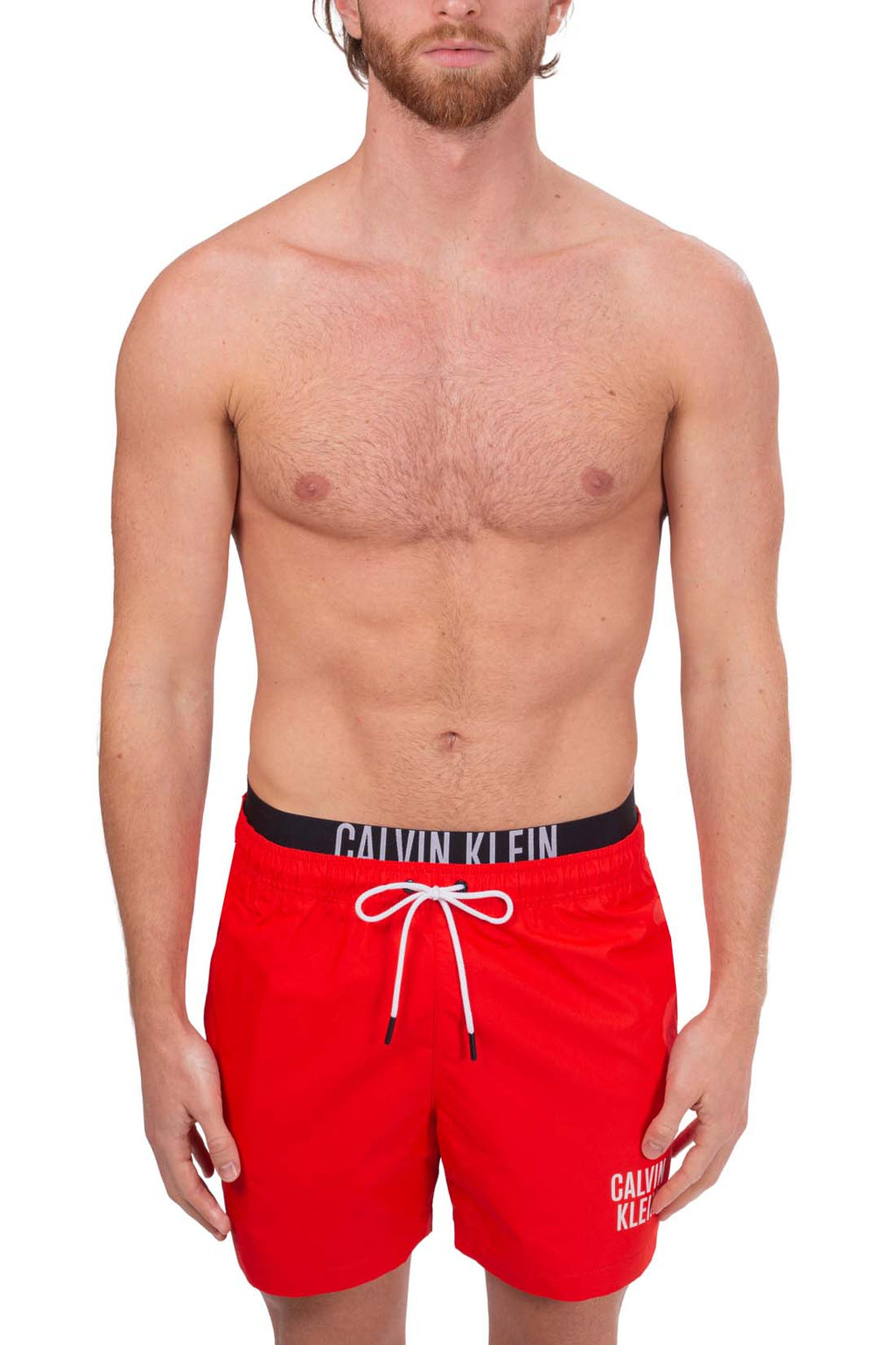 Men's red swim shorts with contrast logo waistband, drawstring, and front pockets. — view 10
