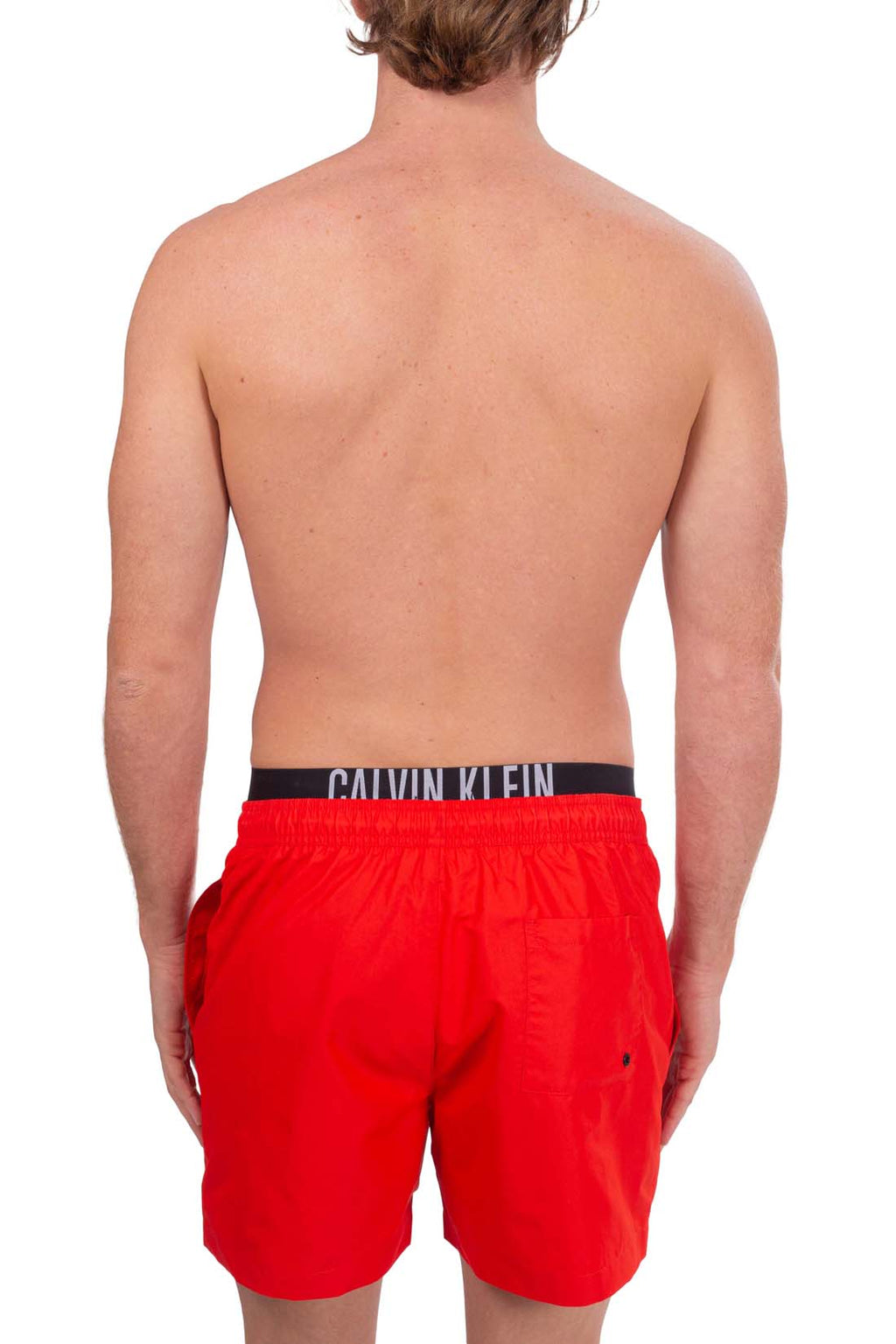 Men's red swim shorts with contrast logo waistband, drawstring, and front pockets. — view 15