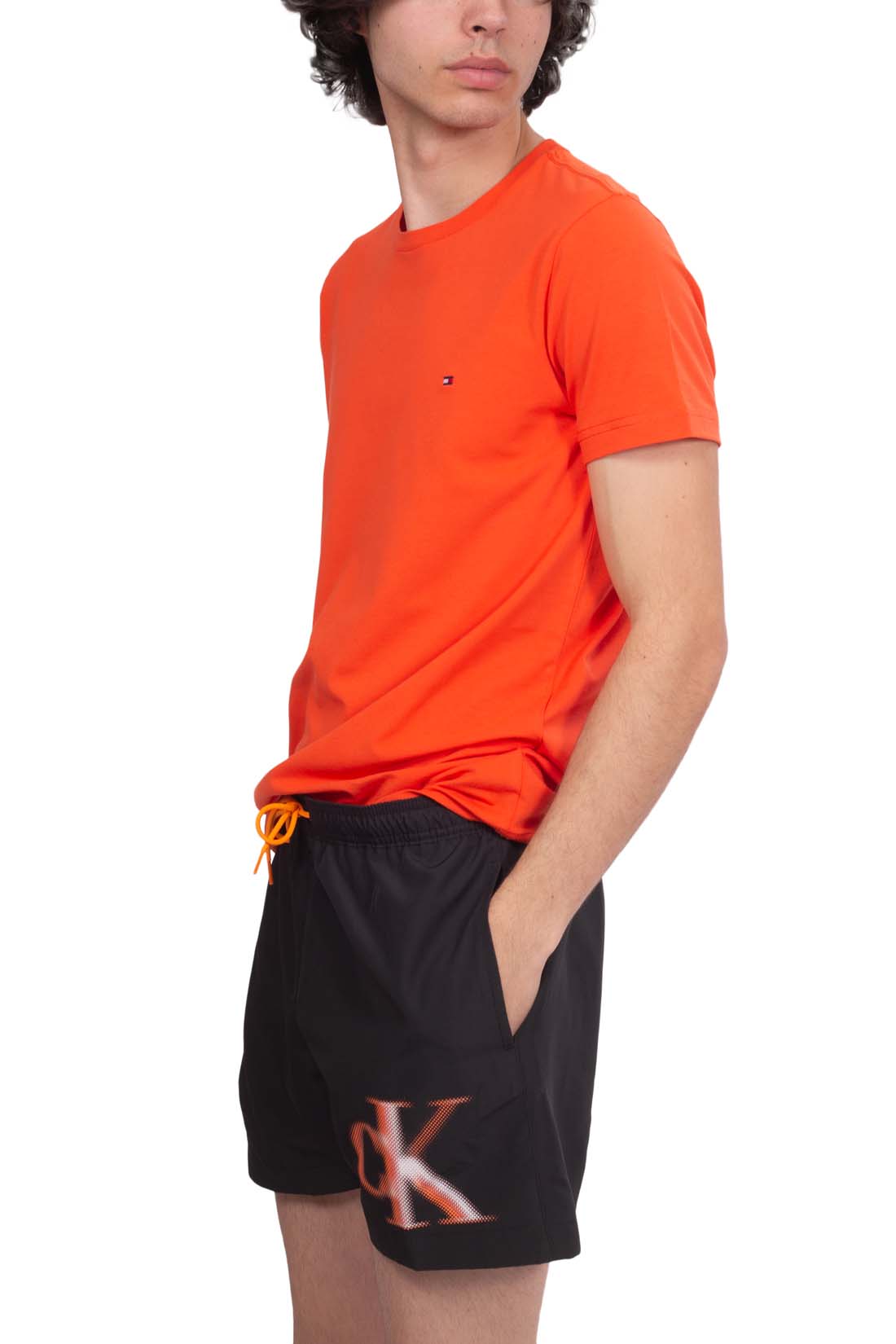 Calvin Klein men's blue quick-dry swim shorts with contrasting white front monogram and drawstring elastic waistband — view 12