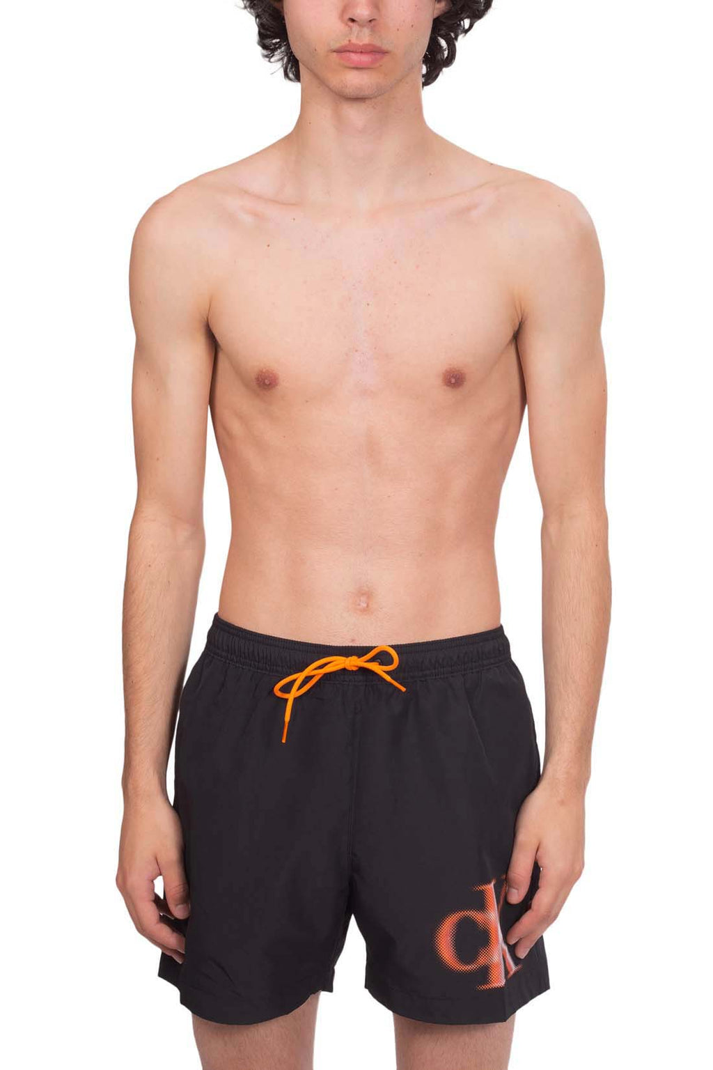 Calvin Klein men's blue quick-dry swim shorts with contrasting white front monogram and drawstring elastic waistband — view 6