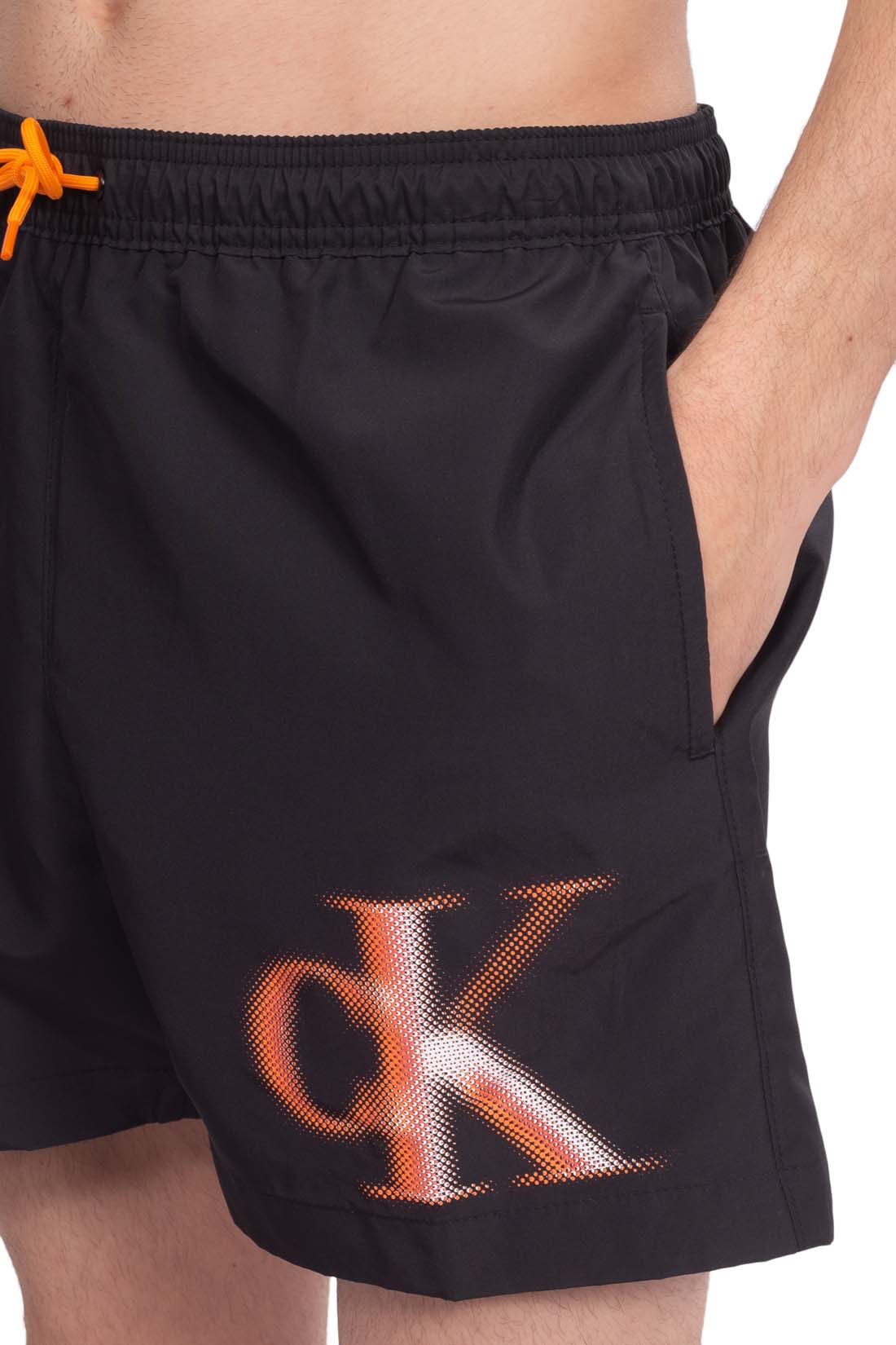 Calvin Klein men's blue quick-dry swim shorts with contrasting white front monogram and drawstring elastic waistband — view 9