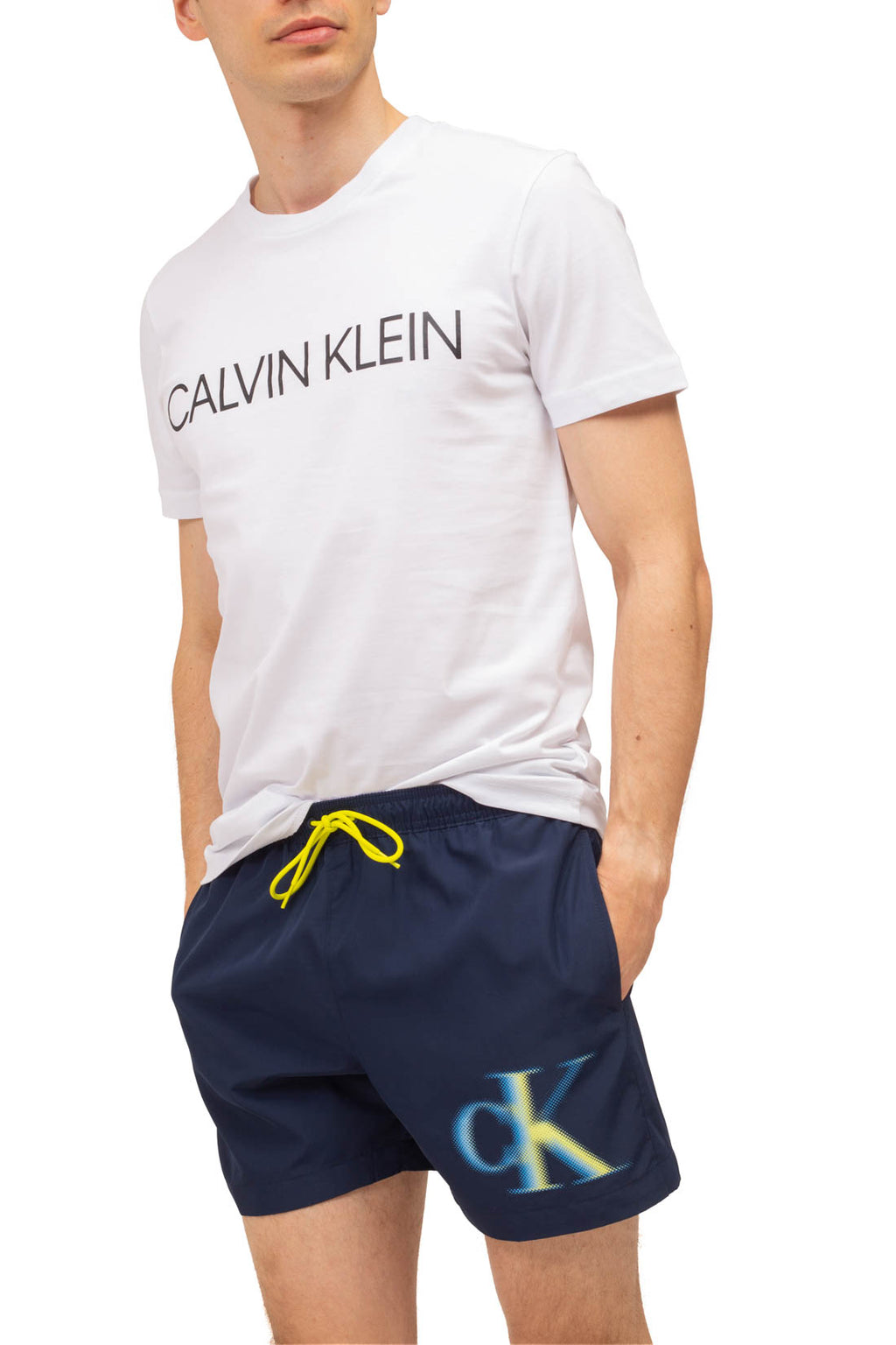 Calvin Klein men's blue quick-dry swim shorts with contrasting white front monogram and drawstring elastic waistband — view 24