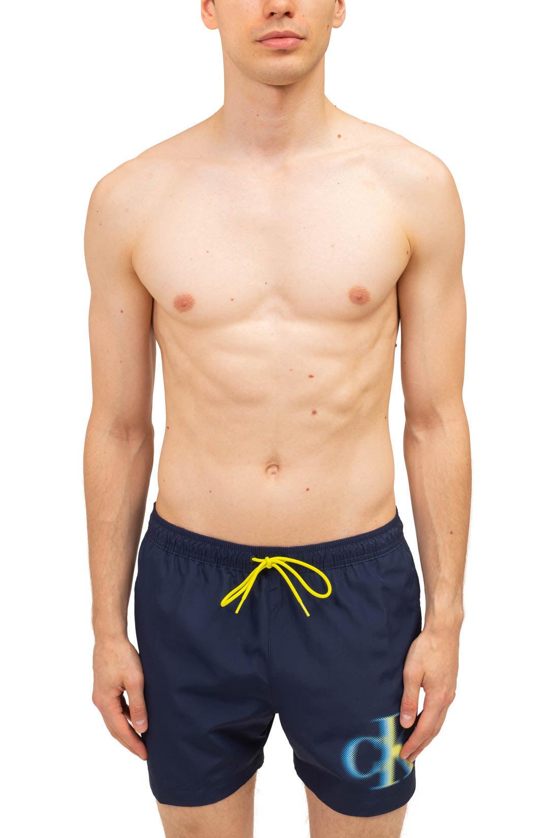 Calvin Klein men's blue quick-dry swim shorts with contrasting white front monogram and drawstring elastic waistband — view 22