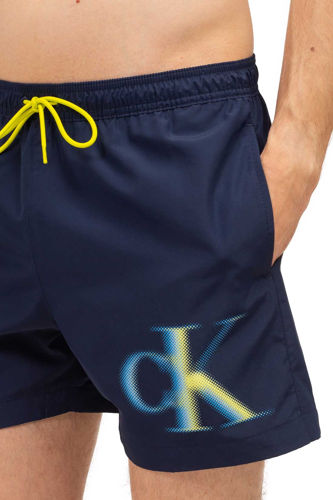 Calvin Klein men's blue quick-dry swim shorts with contrasting white front monogram and drawstring elastic waistband — view 21