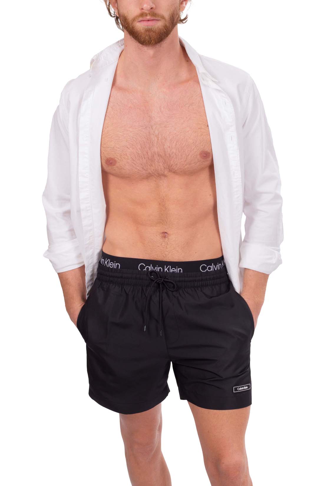 Calvin Klein men's swim shorts in blue nylon with contrast logo elasticated waistband — view 4