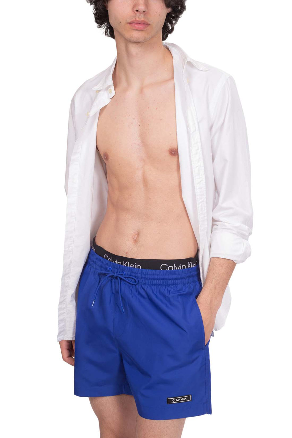 Calvin Klein men's swim shorts in blue nylon with contrast logo elasticated waistband — view 12