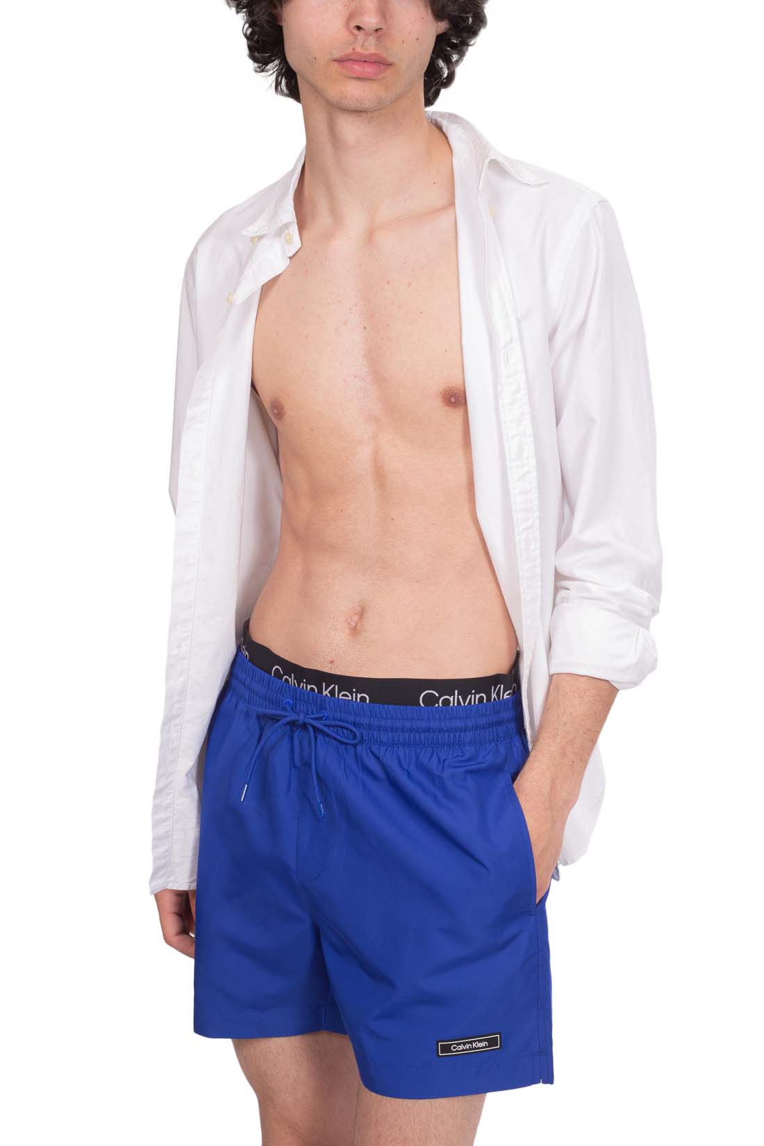 Calvin Klein men's swim shorts in blue nylon with contrast logo elasticated waistband — view 12