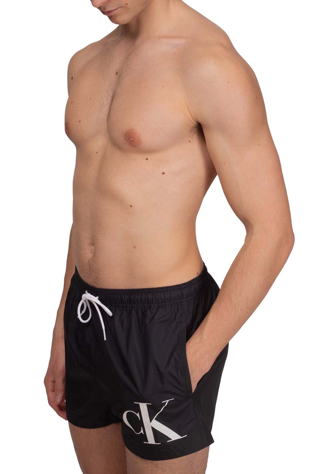 Men's black nylon swim shorts with monogram print and elasticated drawstring waist — view 10