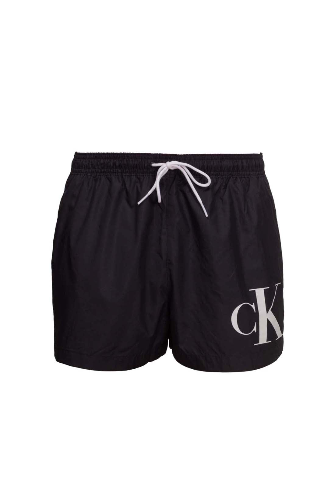 Men's black nylon swim shorts with monogram print and elasticated drawstring waist — view 9