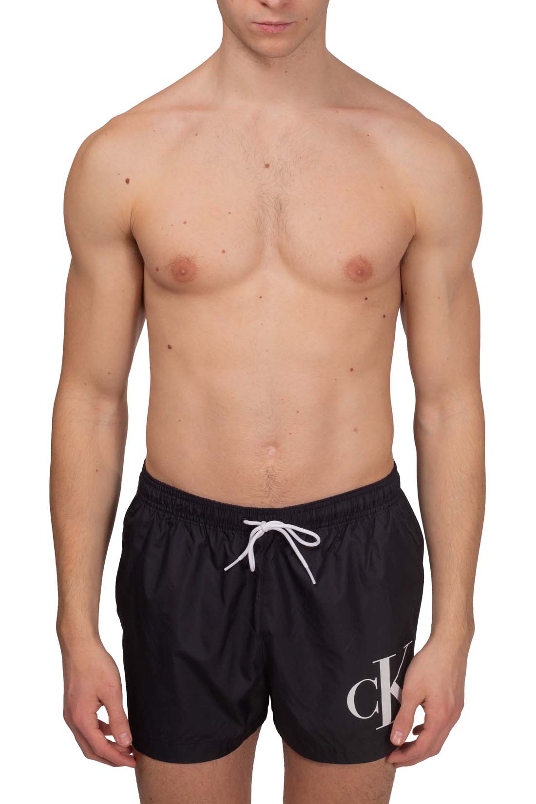 Men's black nylon swim shorts with monogram print and elasticated drawstring waist — view 8