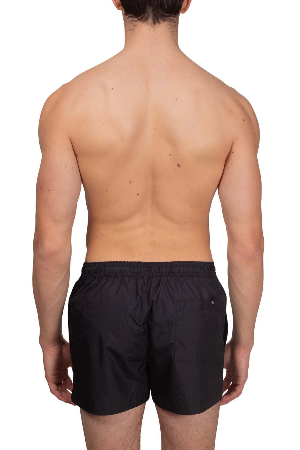 Men's black nylon swim shorts with monogram print and elasticated drawstring waist — view 2