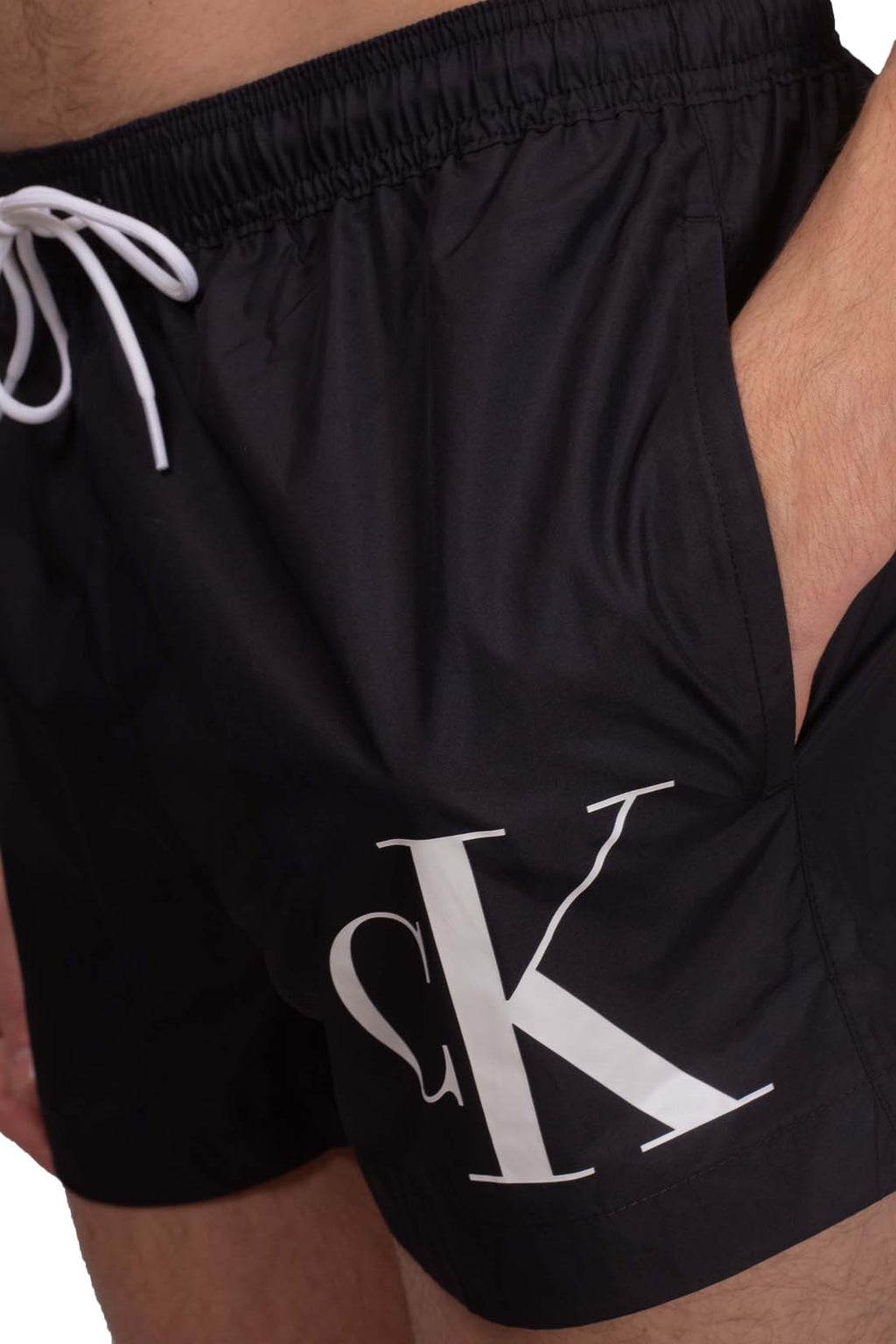 Men's black nylon swim shorts with monogram print and elasticated drawstring waist — view 6