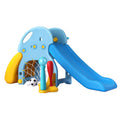Keezi 5-in-1 kids slide set in blue and yellow with basketball hoop and climbing steps