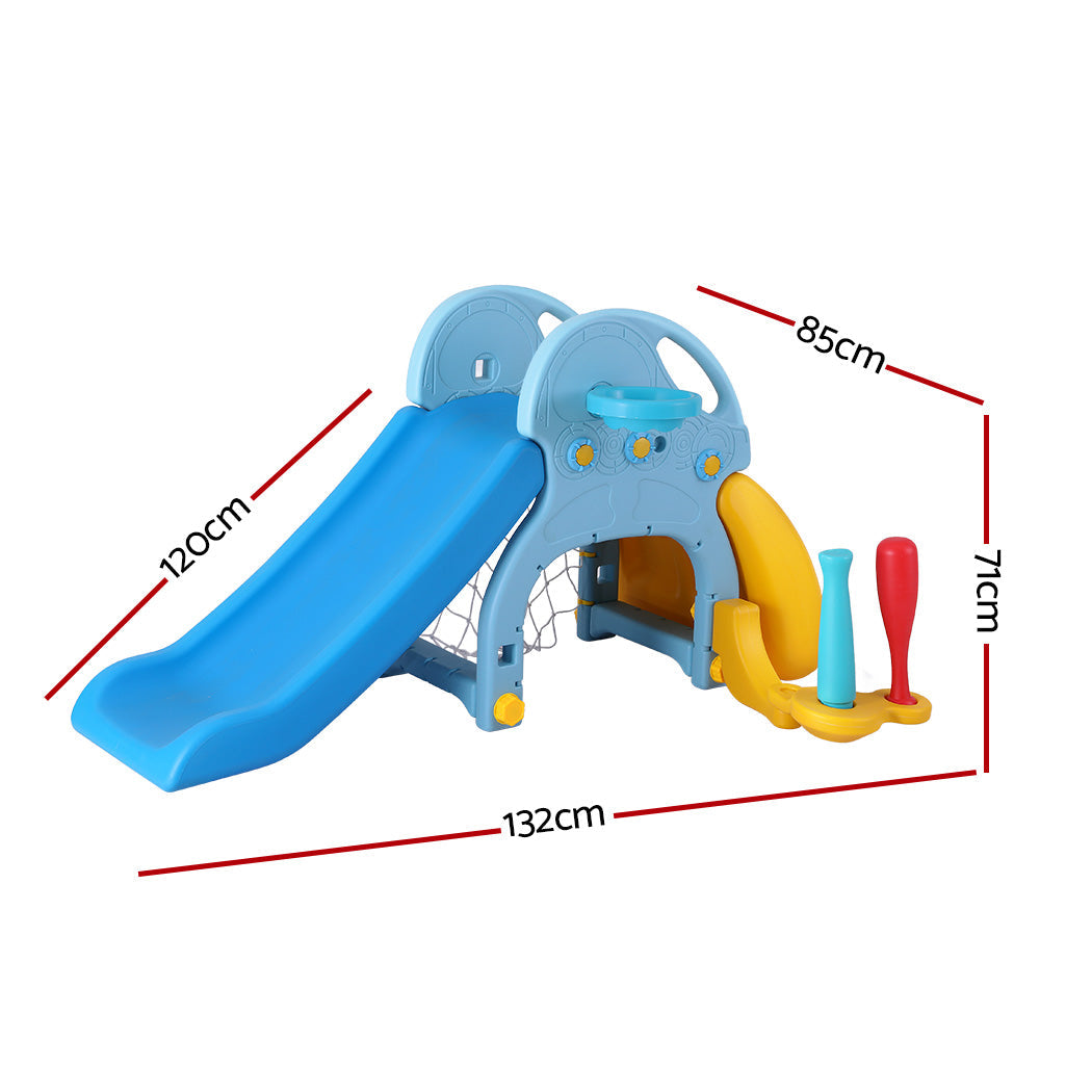 Keezi 5-in-1 kids slide set in blue and yellow with basketball hoop and climbing steps — view 2