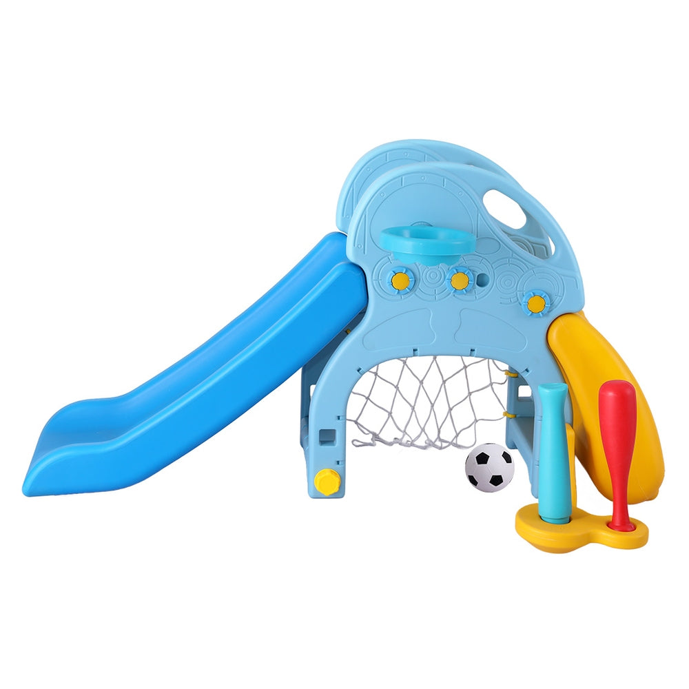 Keezi 5-in-1 kids slide set in blue and yellow with basketball hoop and climbing steps — view 3