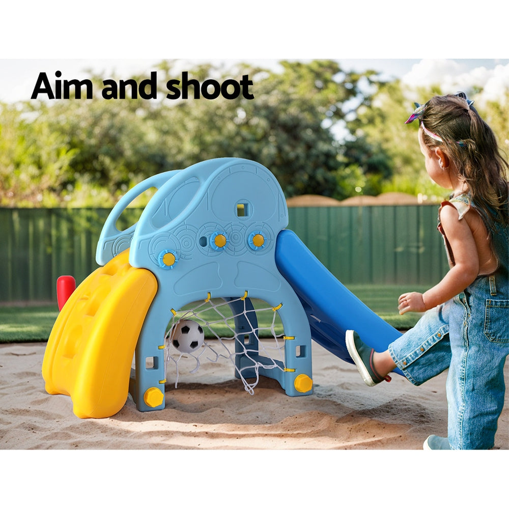 Keezi 5-in-1 kids slide set in blue and yellow with basketball hoop and climbing steps — view 4