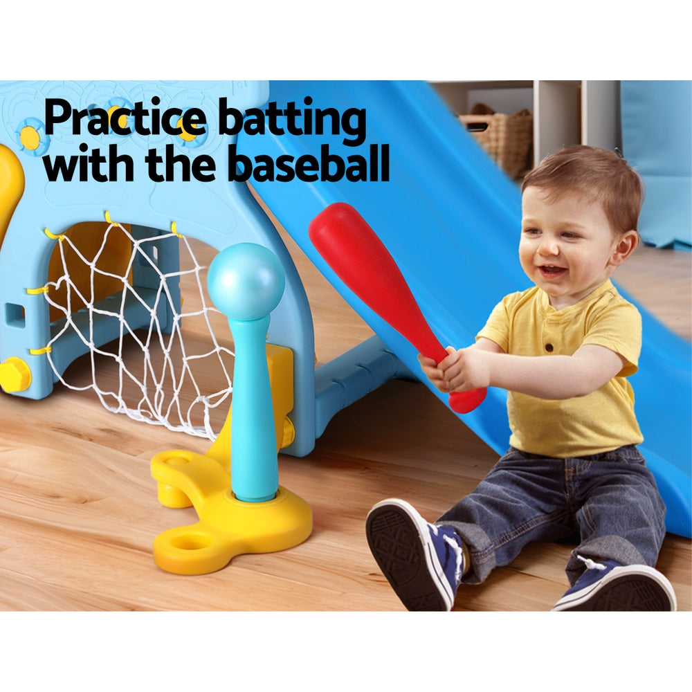 Keezi 5-in-1 kids slide set in blue and yellow with basketball hoop and climbing steps — view 5