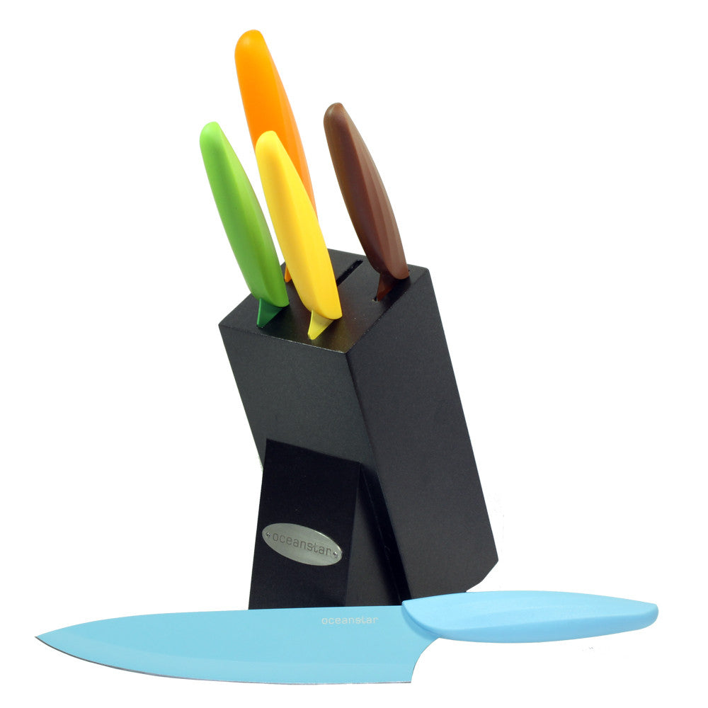 Six piece non-stick kitchen knife set with colorful handles and elegant black hardwood storage block — view 2