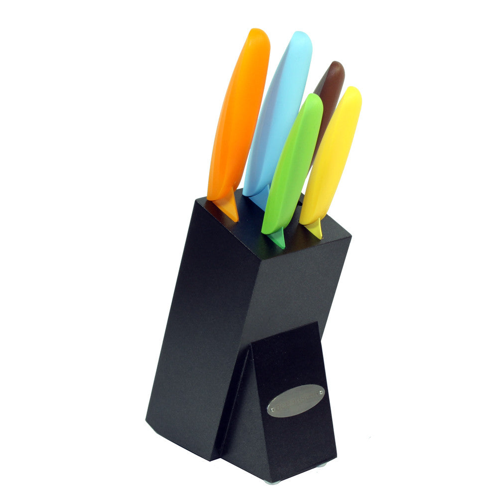Six piece non-stick kitchen knife set with colorful handles and elegant black hardwood storage block — view 3