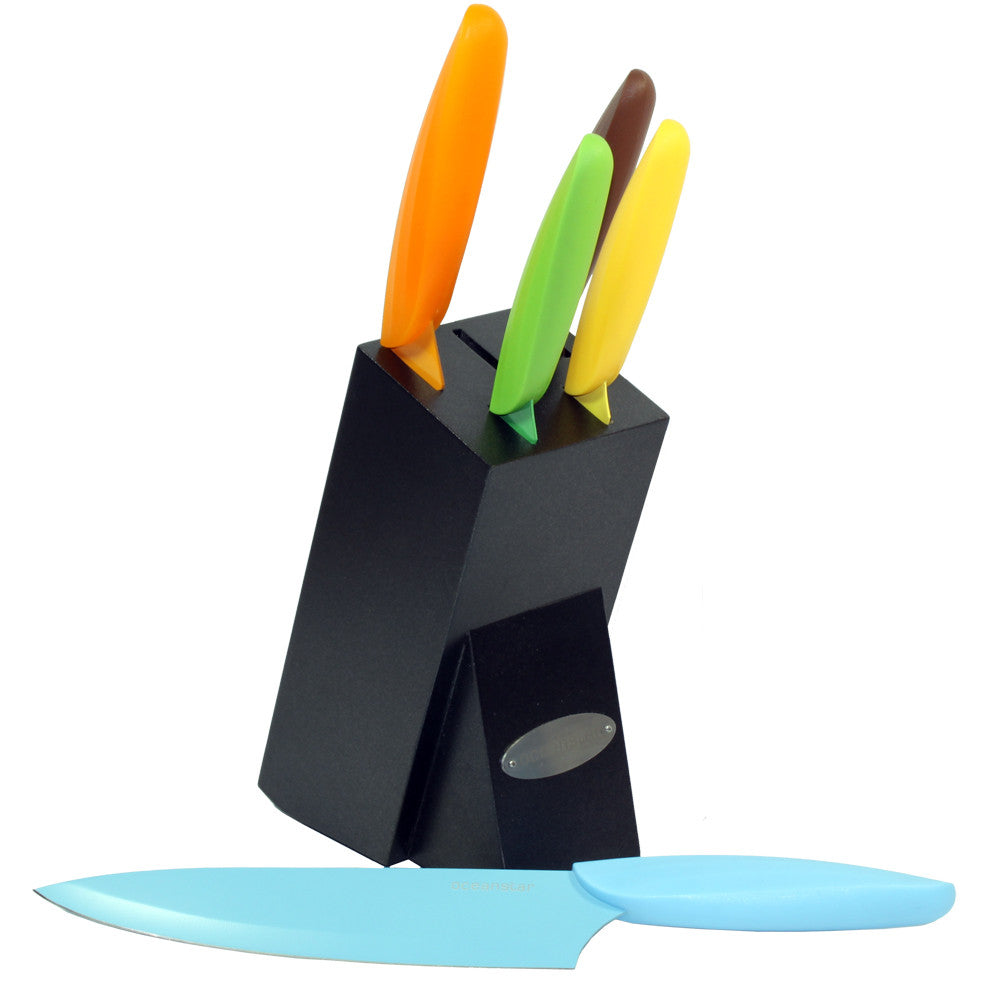 Six piece non-stick kitchen knife set with colorful handles and elegant black hardwood storage block — view 4