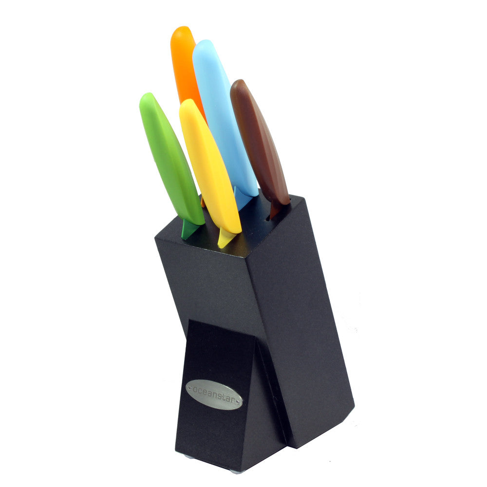 Six piece non-stick kitchen knife set with colorful handles and elegant black hardwood storage block