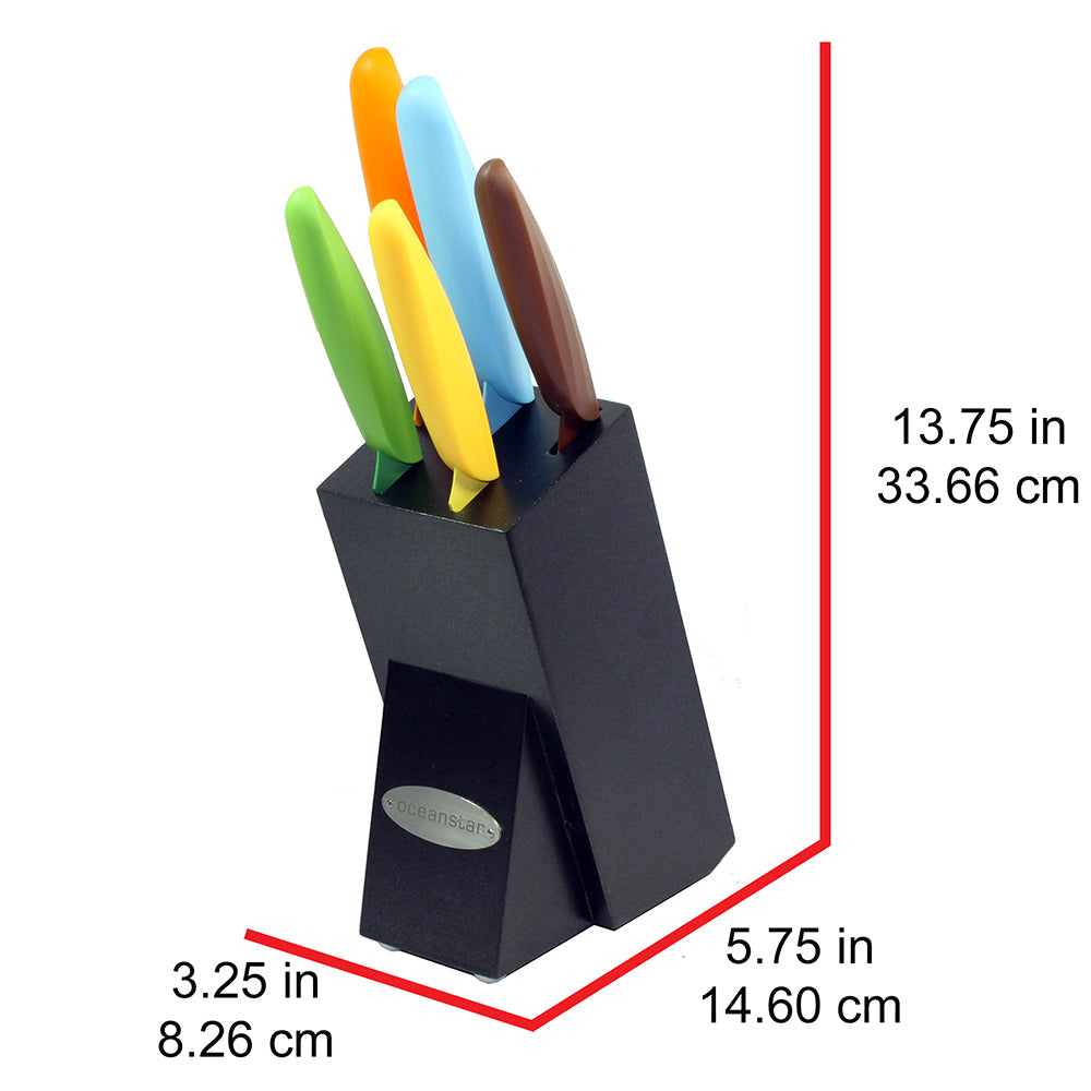 Six piece non-stick kitchen knife set with colorful handles and elegant black hardwood storage block — view 9