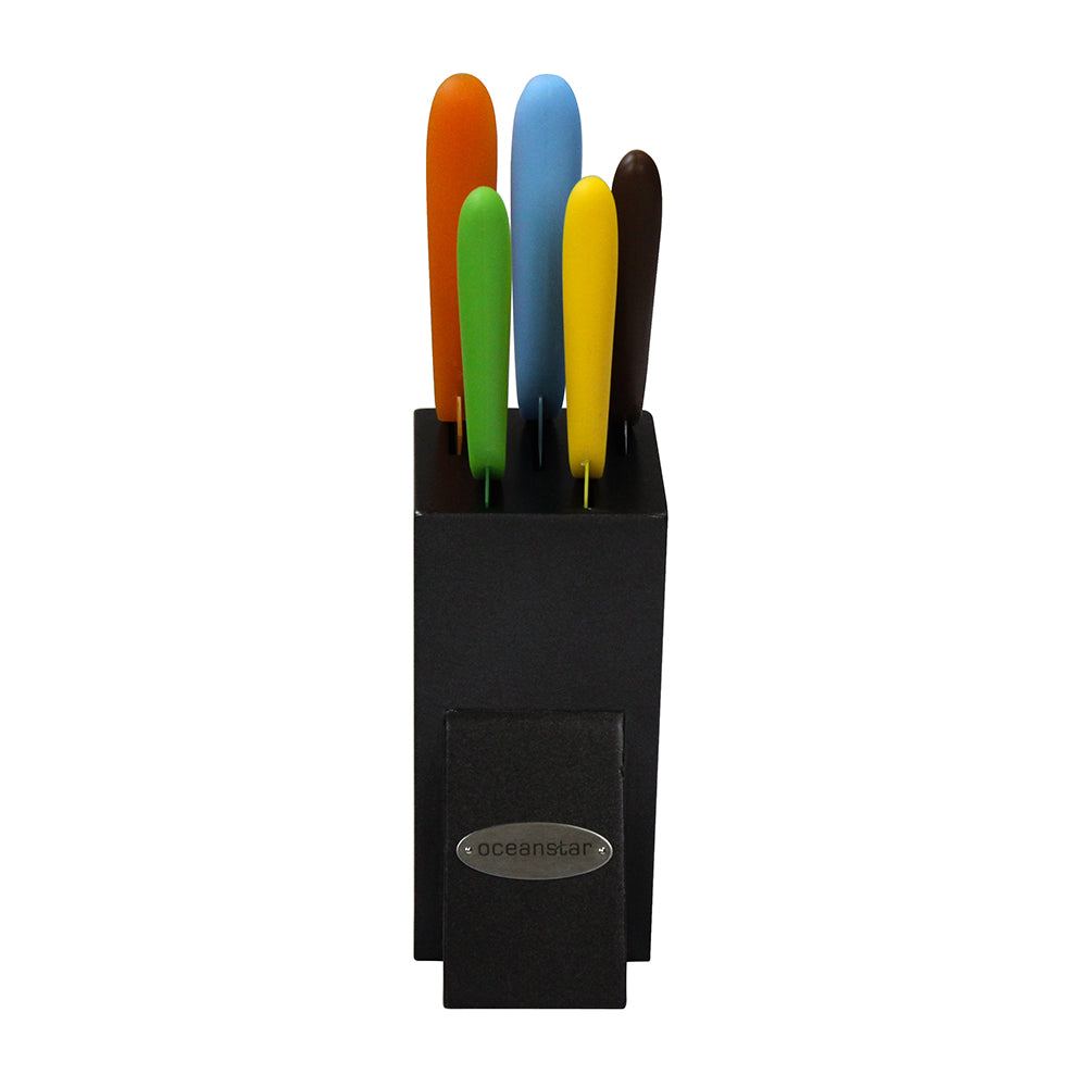 Six piece non-stick kitchen knife set with colorful handles and elegant black hardwood storage block — view 6