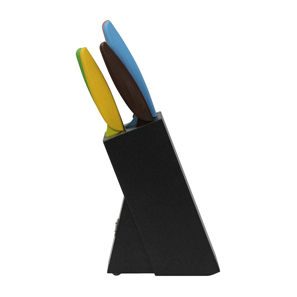 Six piece non-stick kitchen knife set with colorful handles and elegant black hardwood storage block — view 7