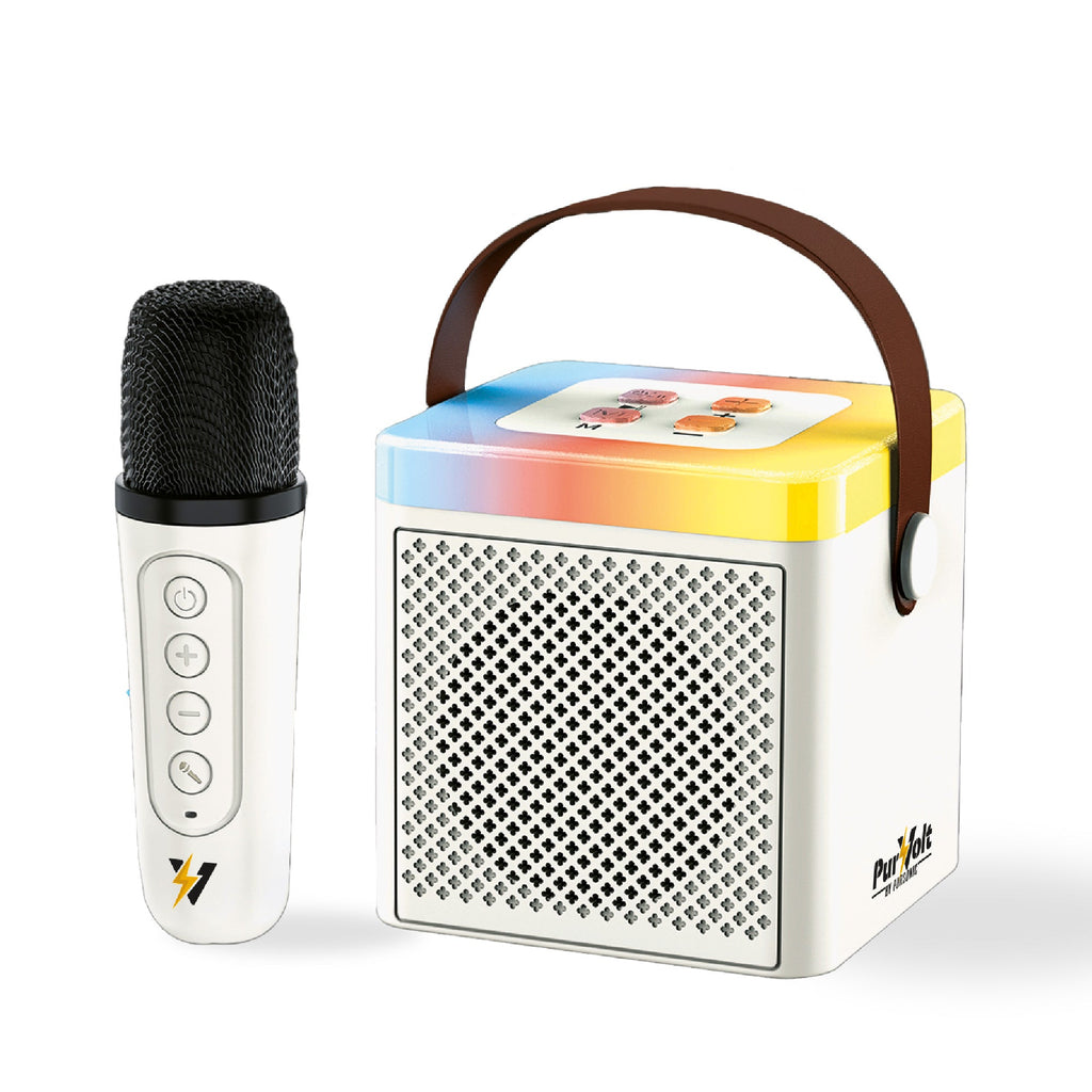 Portable karaoke set with wireless microphone, built-in speaker, and colorful LED lights