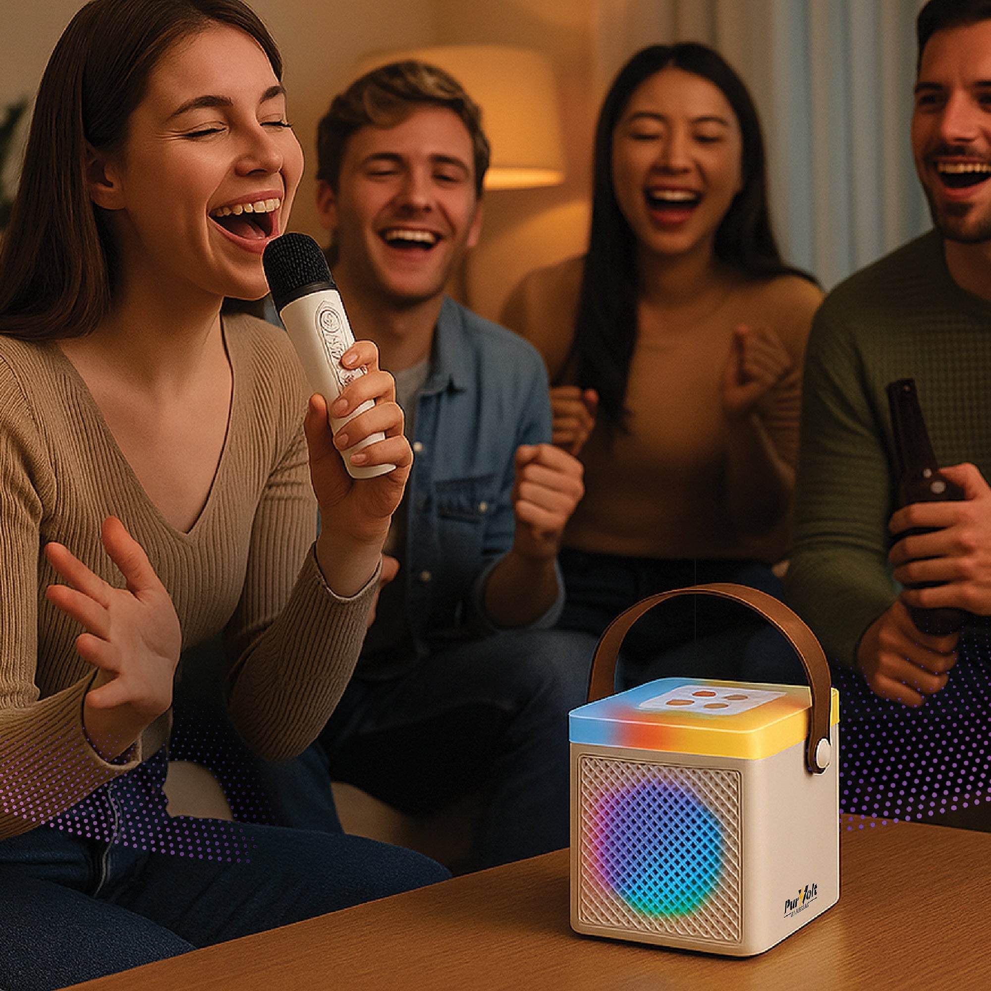 Portable karaoke set with wireless microphone, built-in speaker, and colorful LED lights — view 3