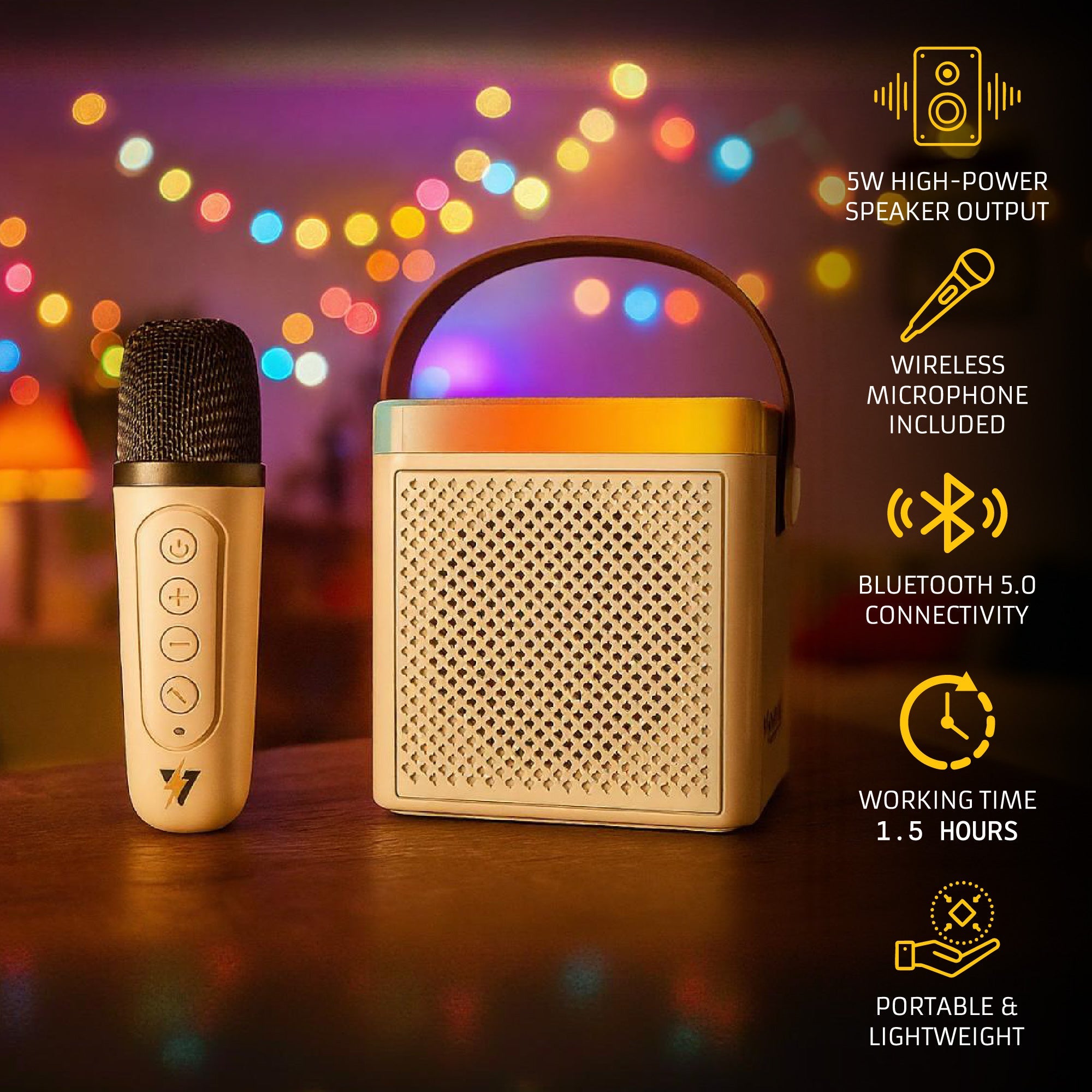 Portable karaoke set with wireless microphone, built-in speaker, and colorful LED lights — view 2