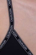 Black triangle bikini top with contrasting logo tape trim and adjustable lace up back fastening