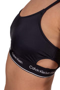 White bandeau bikini top with side cut-outs, adjustable straps, and printed contrasting logo underbust band