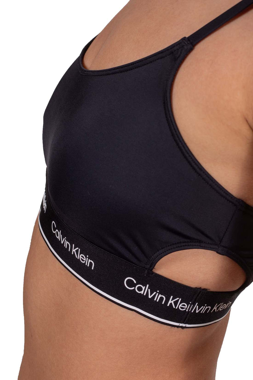 White bandeau bikini top with side cut-outs, adjustable straps, and printed contrasting logo underbust band — view 6