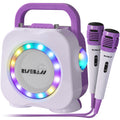 Purple kids Bluetooth karaoke machine with two wired microphones and colorful built in LED lighting effects