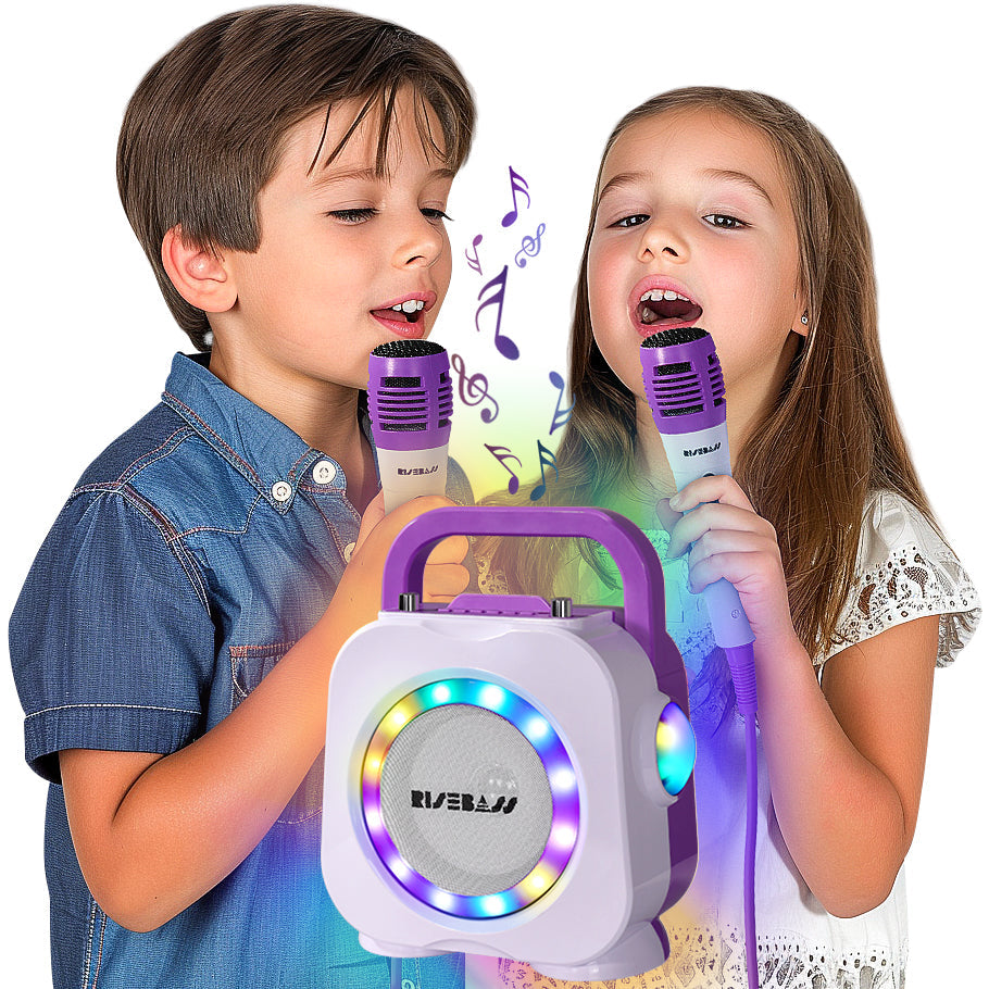 Purple kids Bluetooth karaoke machine with two wired microphones and colorful built in LED lighting effects — view 3