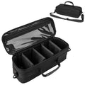 Nylon fishing reel case with carrying strap and adjustable shockproof interior dividers for tackle organization