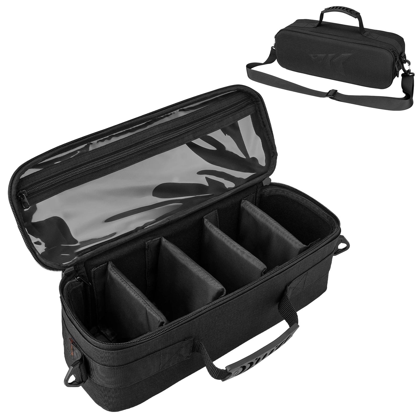 Nylon fishing reel case with carrying strap and adjustable shockproof interior dividers for tackle organization
