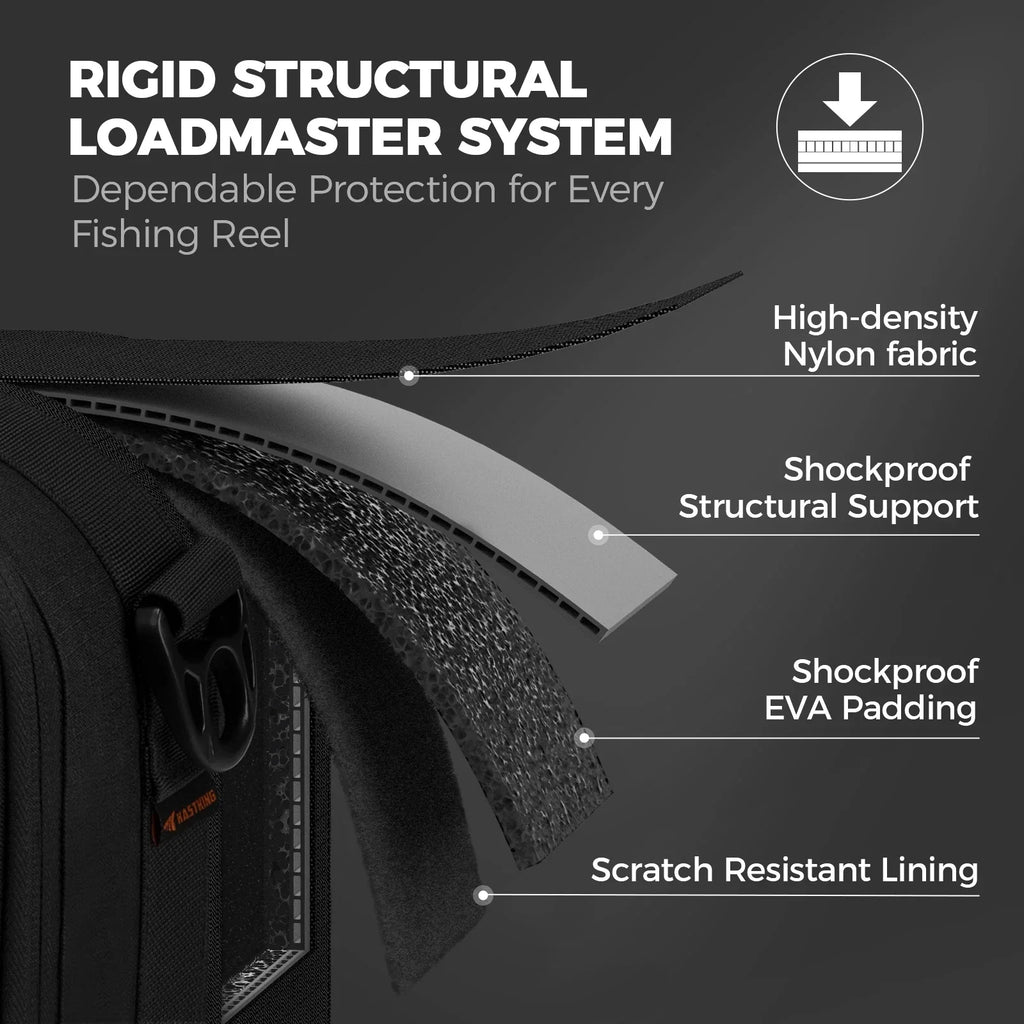 Nylon fishing reel case with carrying strap and adjustable shockproof interior dividers for tackle organization — view 3