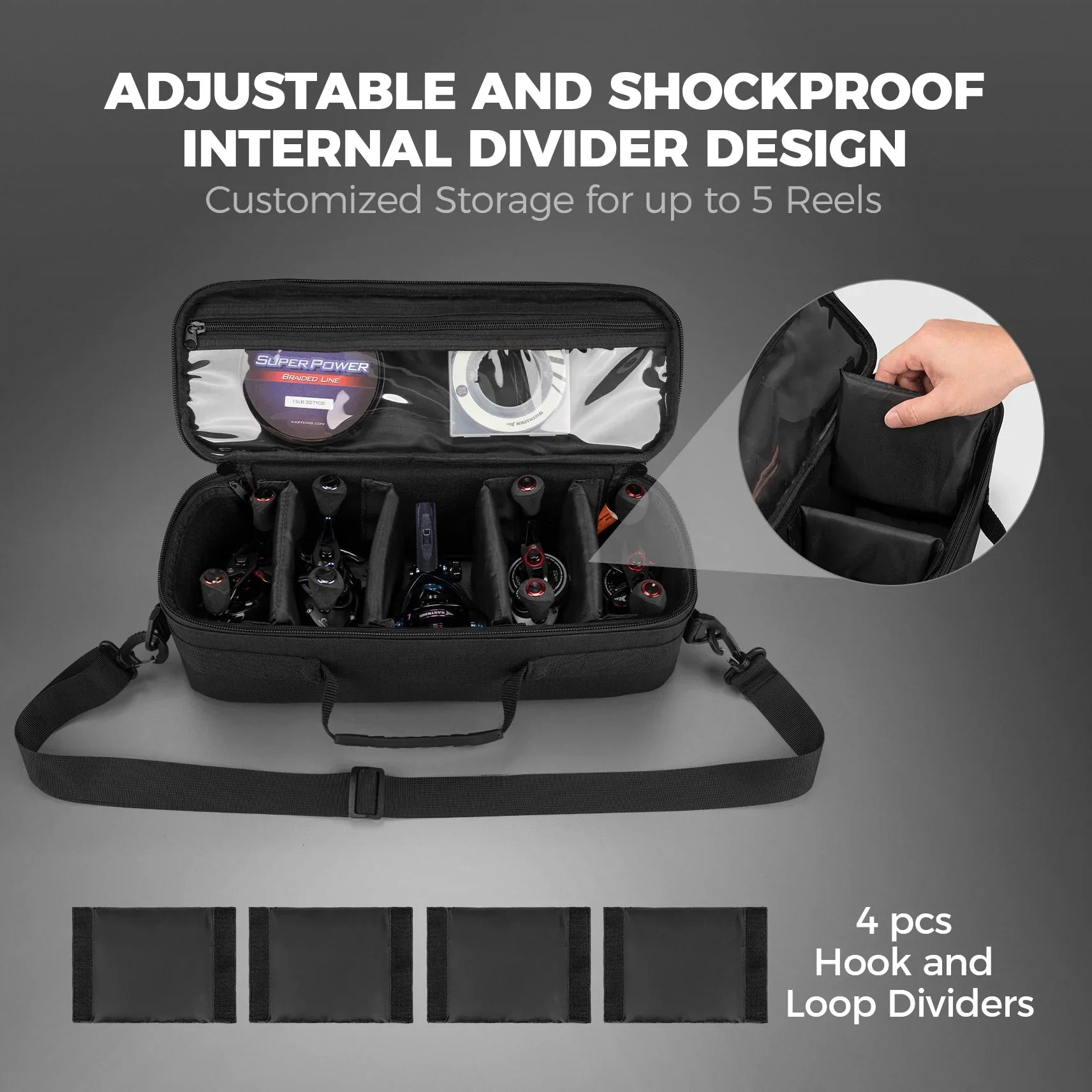 Nylon fishing reel case with carrying strap and adjustable shockproof interior dividers for tackle organization — view 2