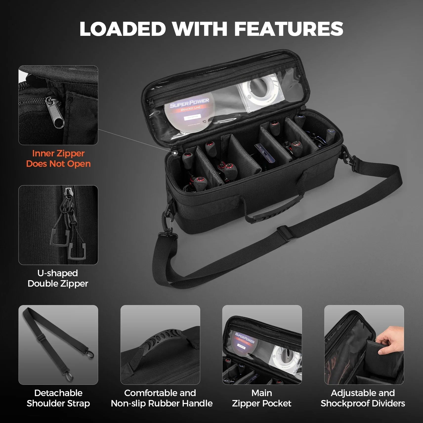 Nylon fishing reel case with carrying strap and adjustable shockproof interior dividers for tackle organization — view 4