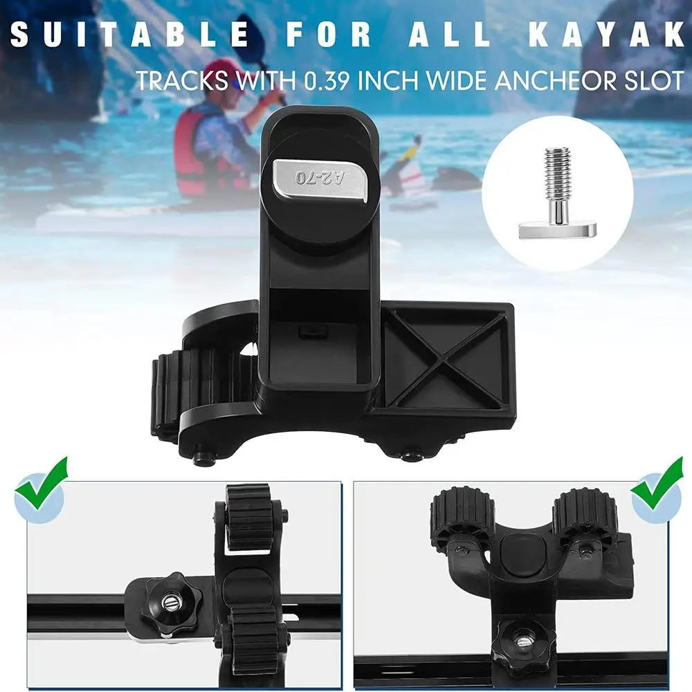 Adjustable kayak paddle holder in black ABS plastic mounted on a boat track — view 4
