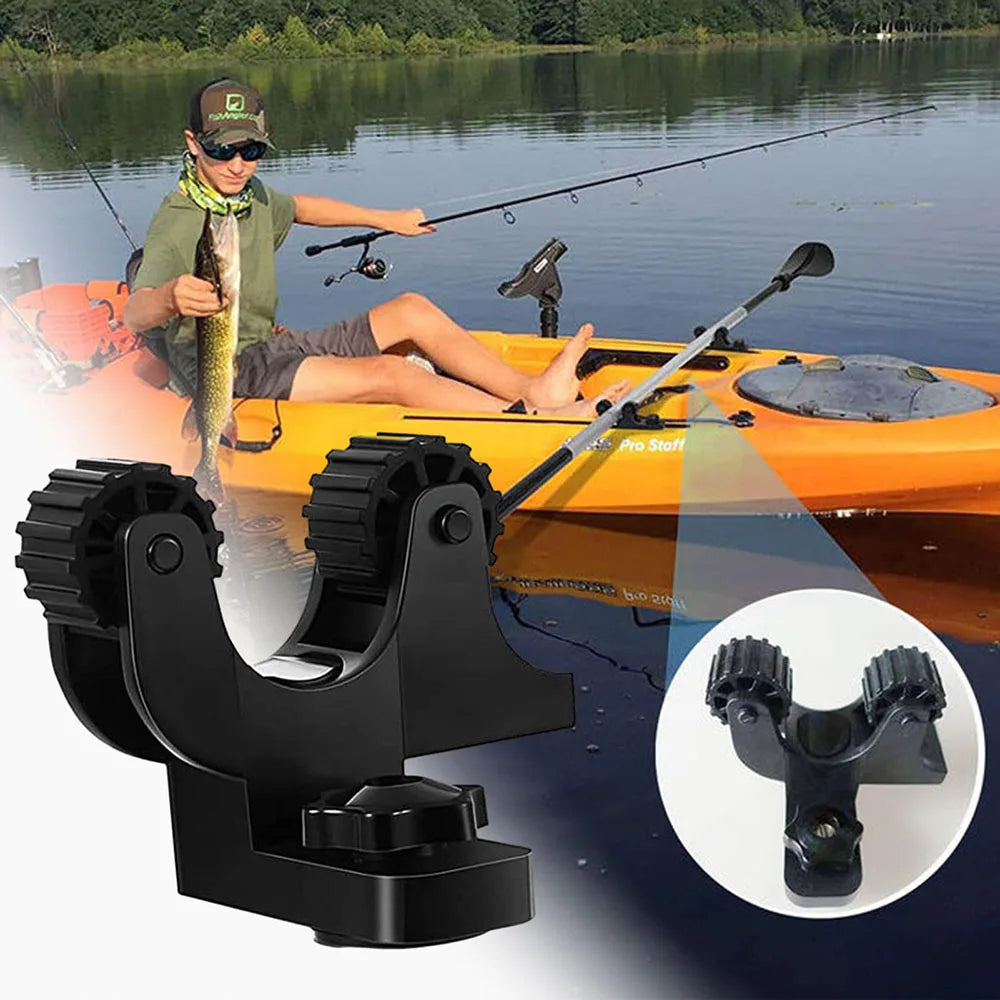 Adjustable kayak paddle holder in black ABS plastic mounted on a boat track — view 2