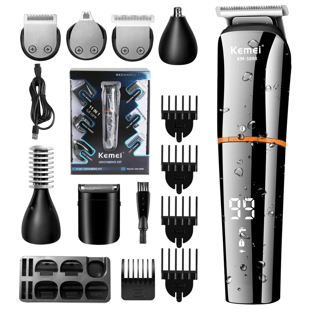 Waterproof 11-in-1 men's grooming kit and black cordless trimmer with interchangeable attachments